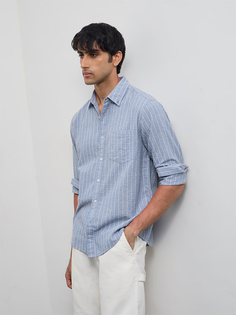 WES Casuals Dusty Blue Striped Relaxed-Fit Cotton Shirt