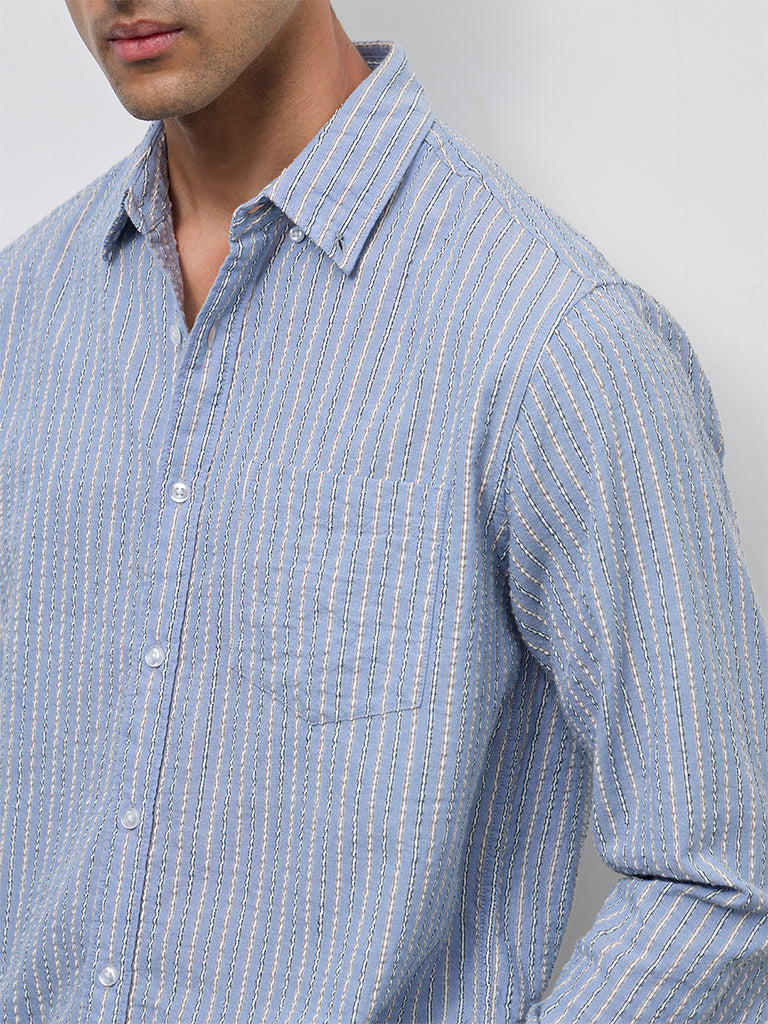 WES Casuals Dusty Blue Striped Relaxed-Fit Cotton Shirt