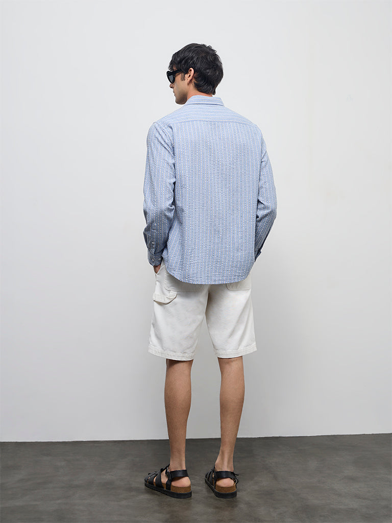 WES Casuals Dusty Blue Striped Relaxed-Fit Cotton Shirt