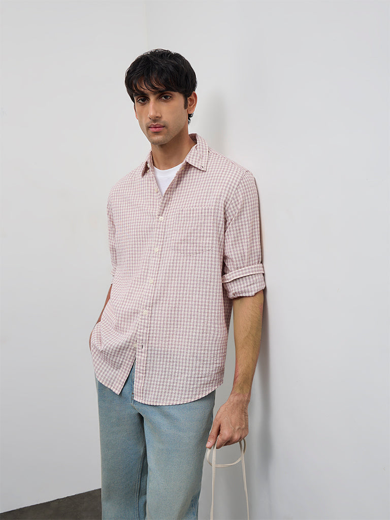 WES Casuals Mauve Gingham Checkered Relaxed-Fit Cotton Shirt