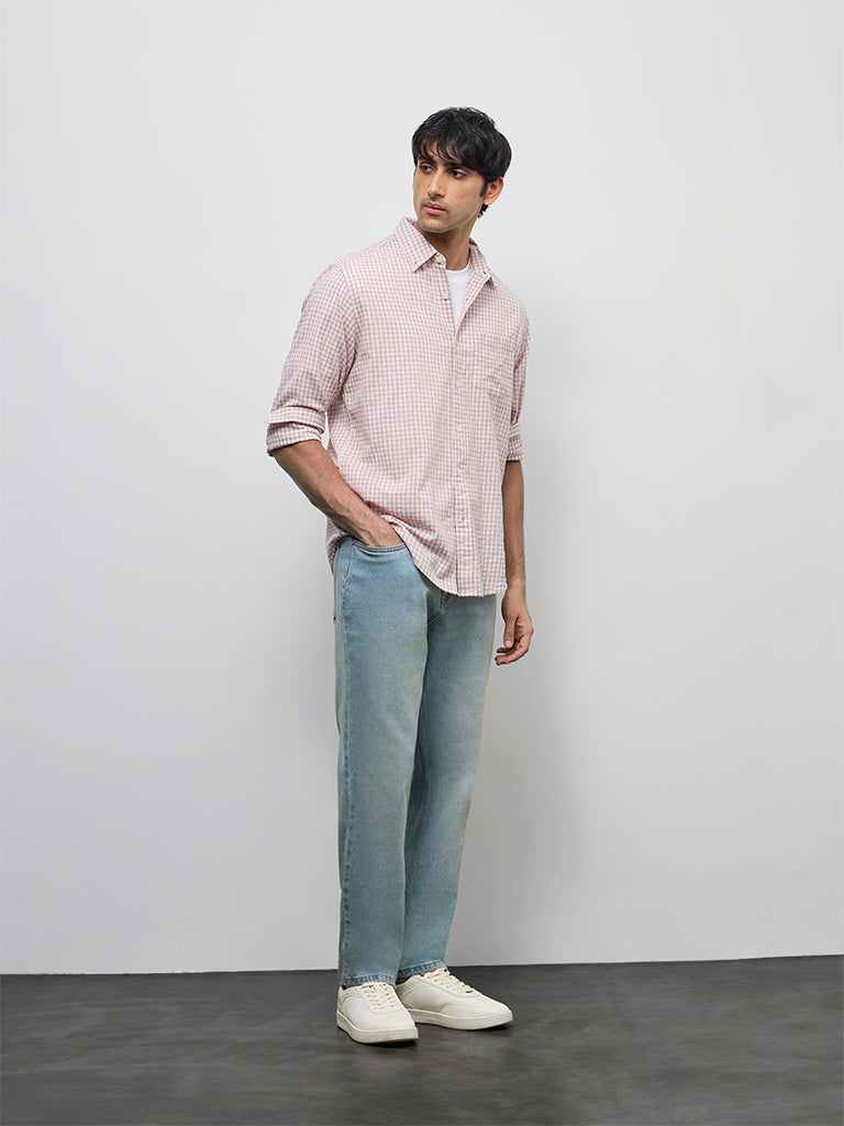 WES Casuals Mauve Gingham Checkered Relaxed-Fit Cotton Shirt