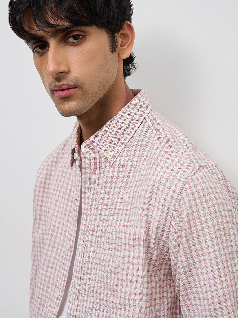 WES Casuals Mauve Gingham Checkered Relaxed-Fit Cotton Shirt