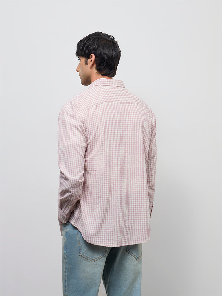 WES Casuals Mauve Gingham Checkered Relaxed-Fit Cotton Shirt