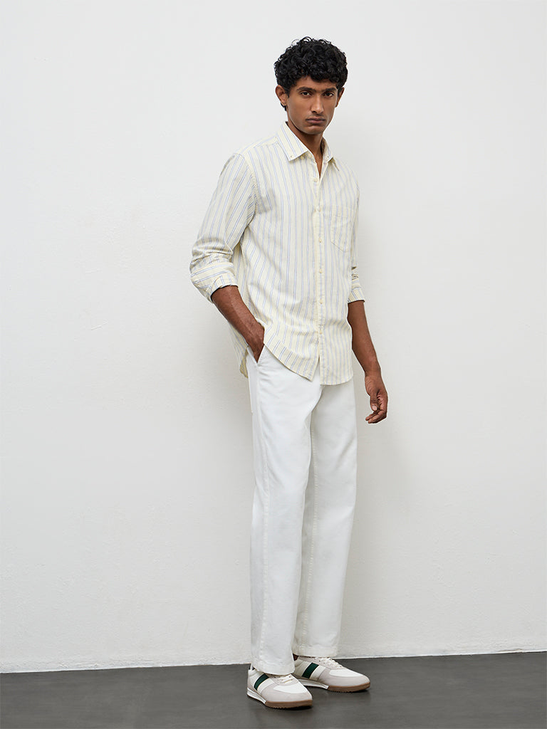 WES Casuals Light Yellow Striped Relaxed-Fit Cotton Shirt