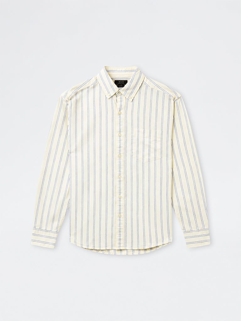 WES Casuals Light Yellow Striped Relaxed-Fit Cotton Shirt