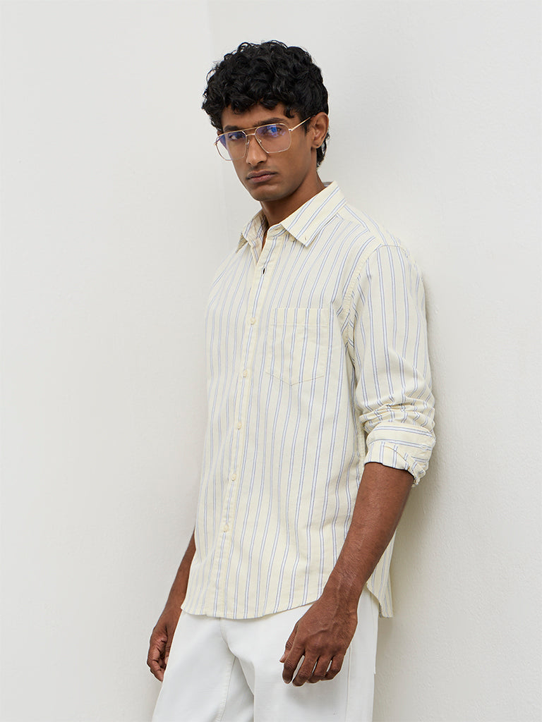 WES Casuals Light Yellow Striped Relaxed-Fit Cotton Shirt