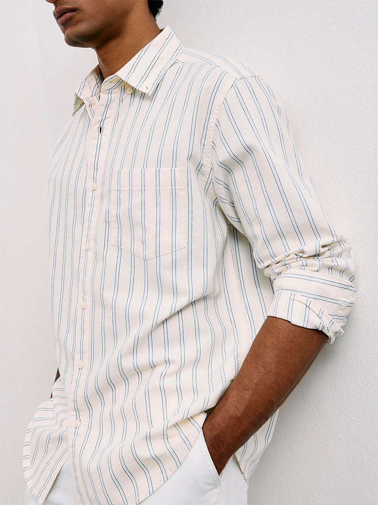 WES Casuals Light Yellow Striped Relaxed-Fit Cotton Shirt