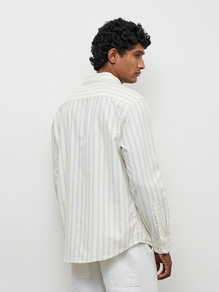 WES Casuals Light Yellow Striped Relaxed-Fit Cotton Shirt