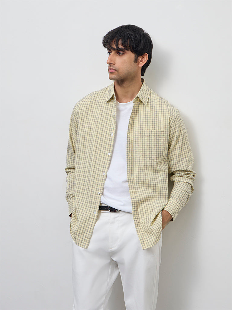 WES Casuals Yellow Checks Design Relaxed-Fit Cotton Shirt