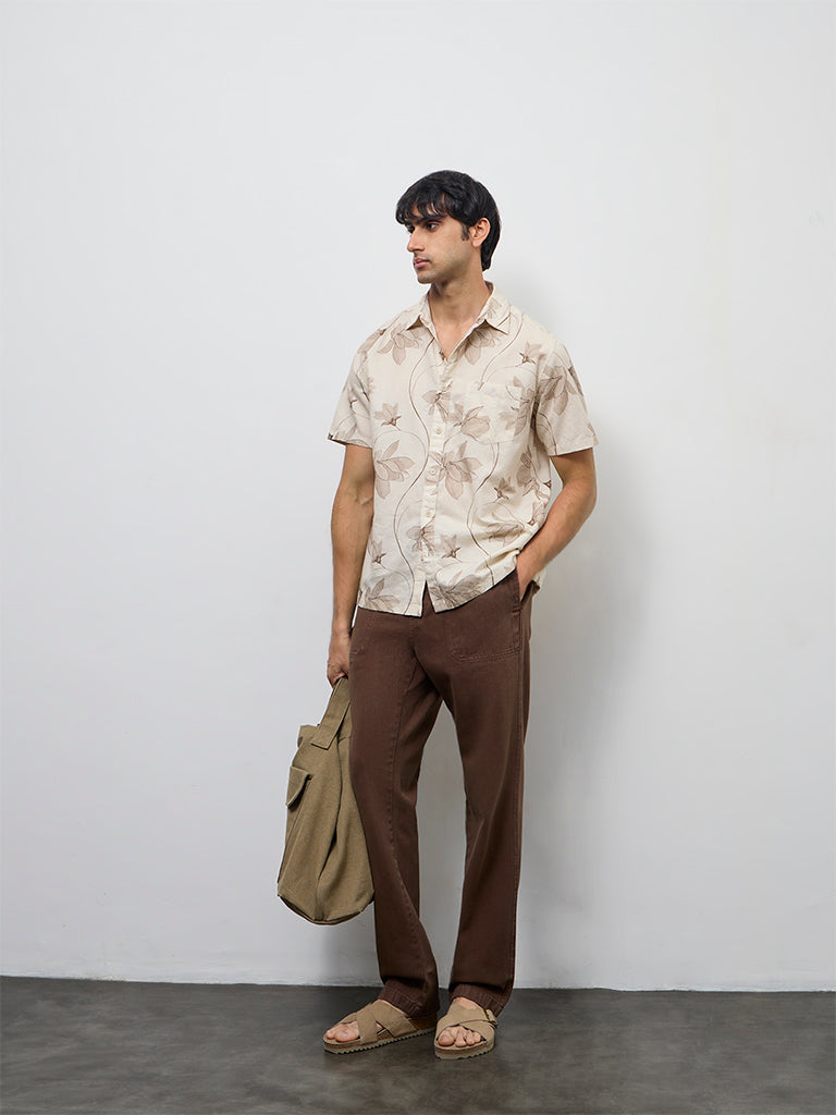 WES Casuals Beige Floral Printed Relaxed-Fit Cotton-Blend Shirt