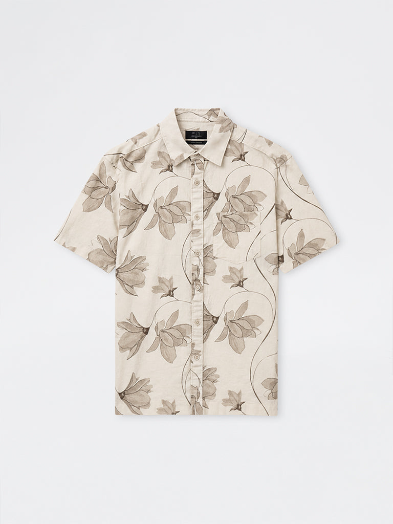 WES Casuals Beige Floral Printed Relaxed-Fit Cotton-Blend Shirt