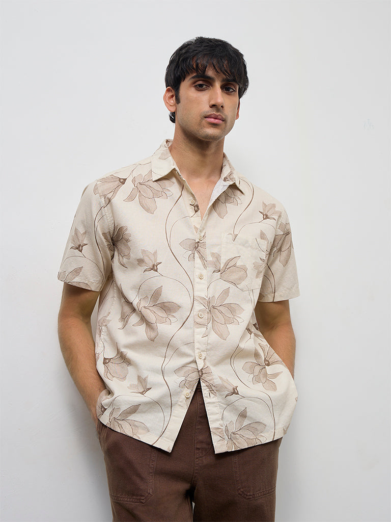 WES Casuals Beige Floral Printed Relaxed-Fit Cotton-Blend Shirt