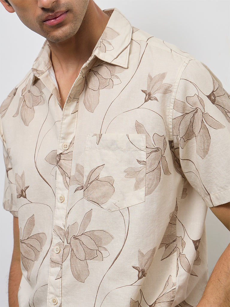 WES Casuals Beige Floral Printed Relaxed-Fit Cotton-Blend Shirt