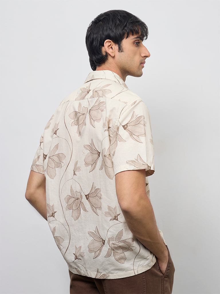 WES Casuals Beige Floral Printed Relaxed-Fit Cotton-Blend Shirt