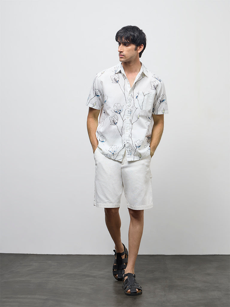 WES Casuals Off-White Floral Relaxed-Fit Cotton-Blend Shirt
