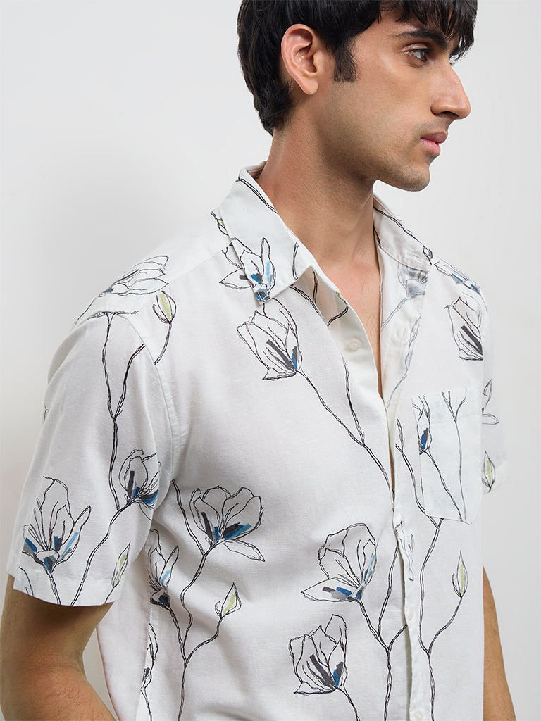 WES Casuals Off-White Floral Relaxed-Fit Cotton-Blend Shirt