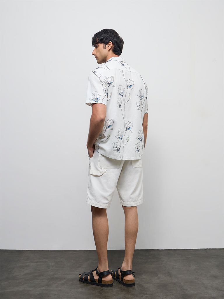 WES Casuals Off-White Floral Relaxed-Fit Cotton-Blend Shirt