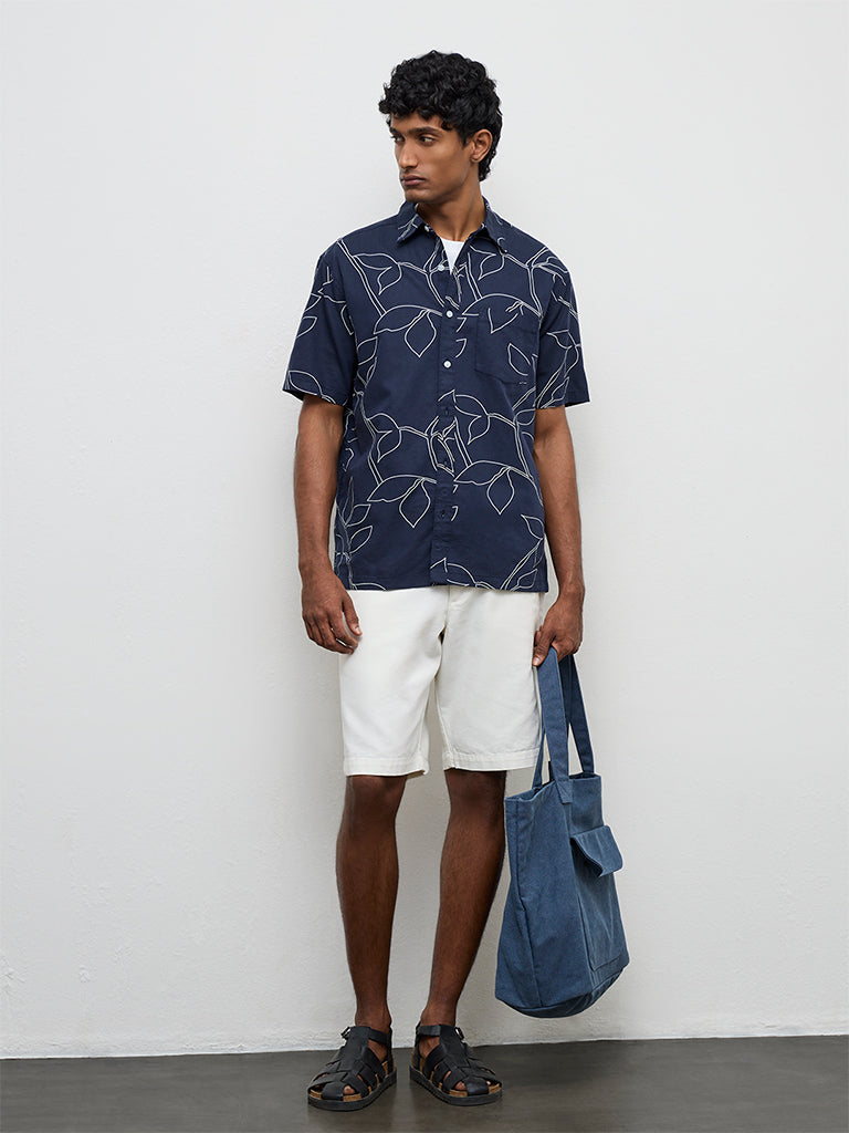 WES Casuals Navy Leaf Pattern Relaxed-Fit Cotton-Blend Shirt
