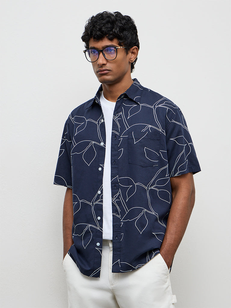 WES Casuals Navy Leaf Pattern Relaxed-Fit Cotton-Blend Shirt