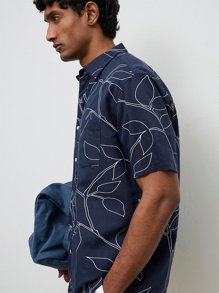 WES Casuals Navy Leaf Pattern Relaxed-Fit Cotton-Blend Shirt