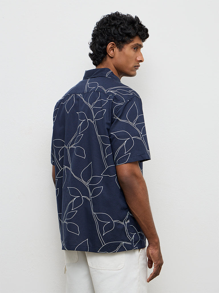 WES Casuals Navy Leaf Pattern Relaxed-Fit Cotton-Blend Shirt