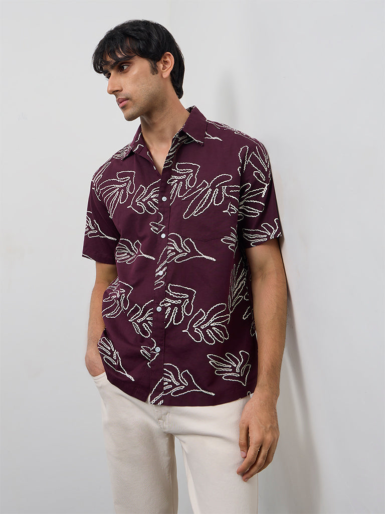 WES Casuals Wine Printed Relaxed-Fit Cotton-Blend Shirt