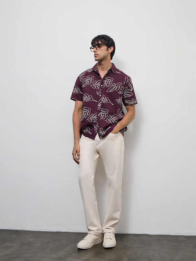 WES Casuals Wine Printed Relaxed-Fit Cotton-Blend Shirt