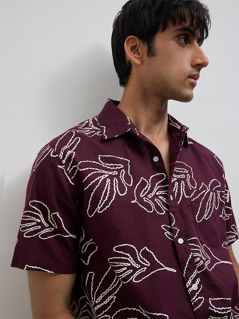 WES Casuals Wine Printed Relaxed-Fit Cotton-Blend Shirt