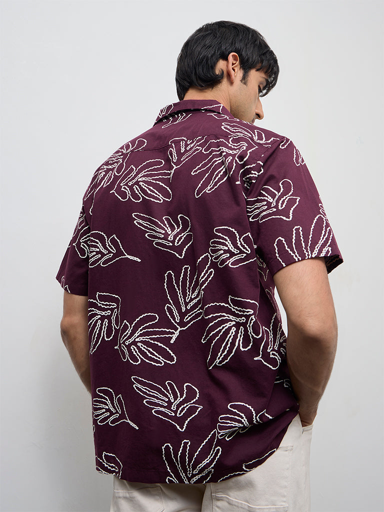 WES Casuals Wine Printed Relaxed-Fit Cotton-Blend Shirt