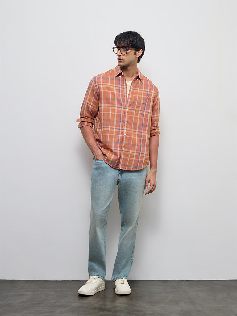 WES Casuals Orange Checkered Relaxed-Fit Cotton-Blend Shirt