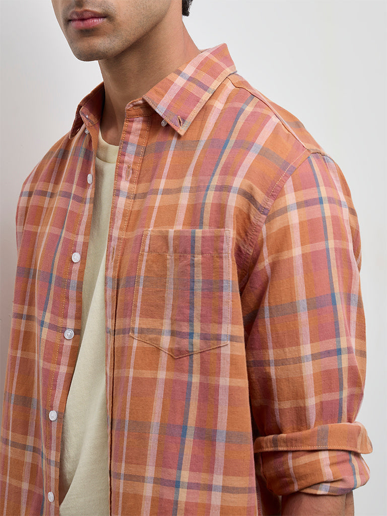 WES Casuals Orange Checkered Relaxed-Fit Cotton-Blend Shirt