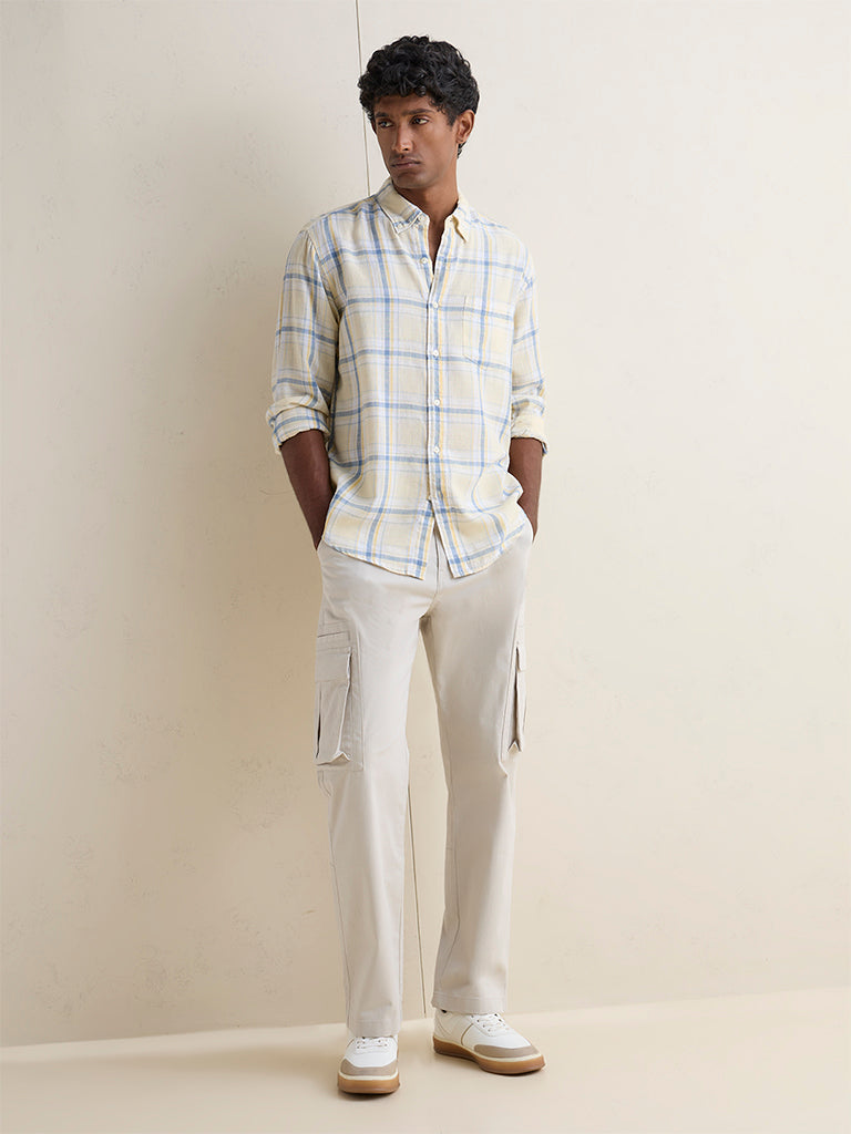 WES Casuals Light Yellow Checkered Relaxed-Fit Shirt