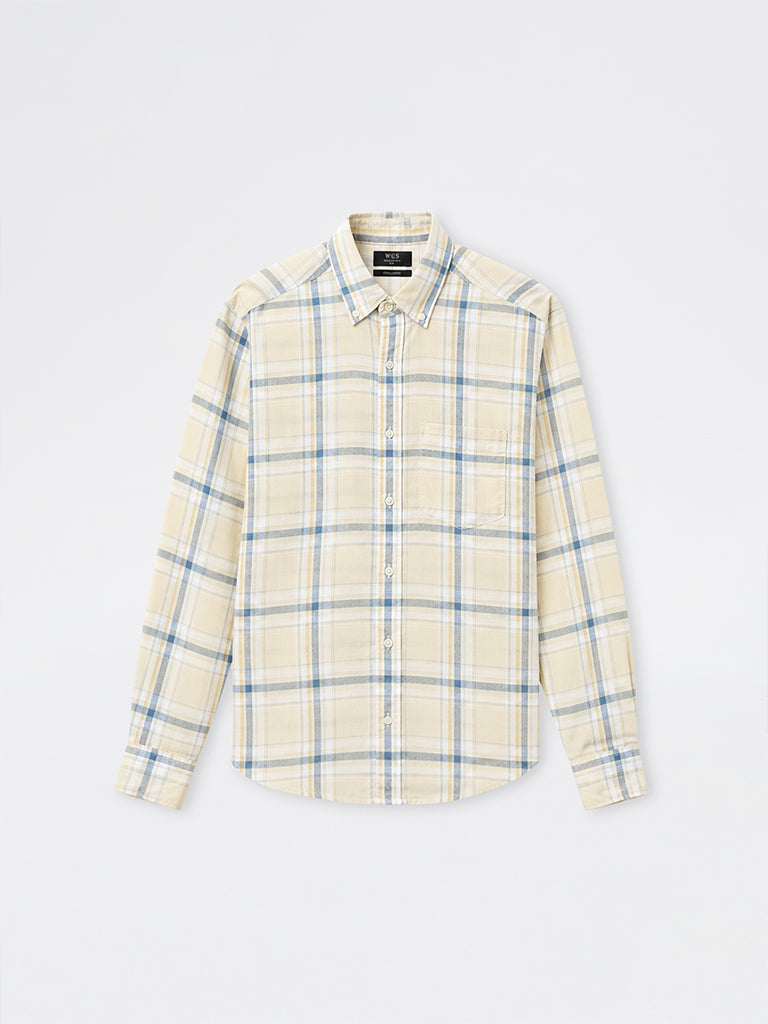 WES Casuals Light Yellow Checkered Relaxed-Fit Shirt