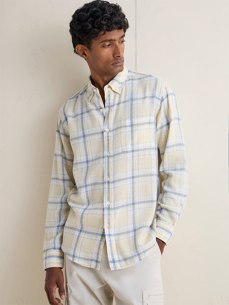 WES Casuals Light Yellow Checkered Relaxed-Fit Shirt