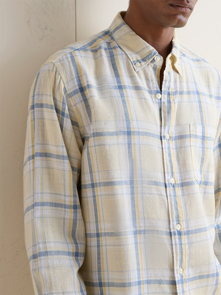 WES Casuals Light Yellow Checkered Relaxed-Fit Shirt