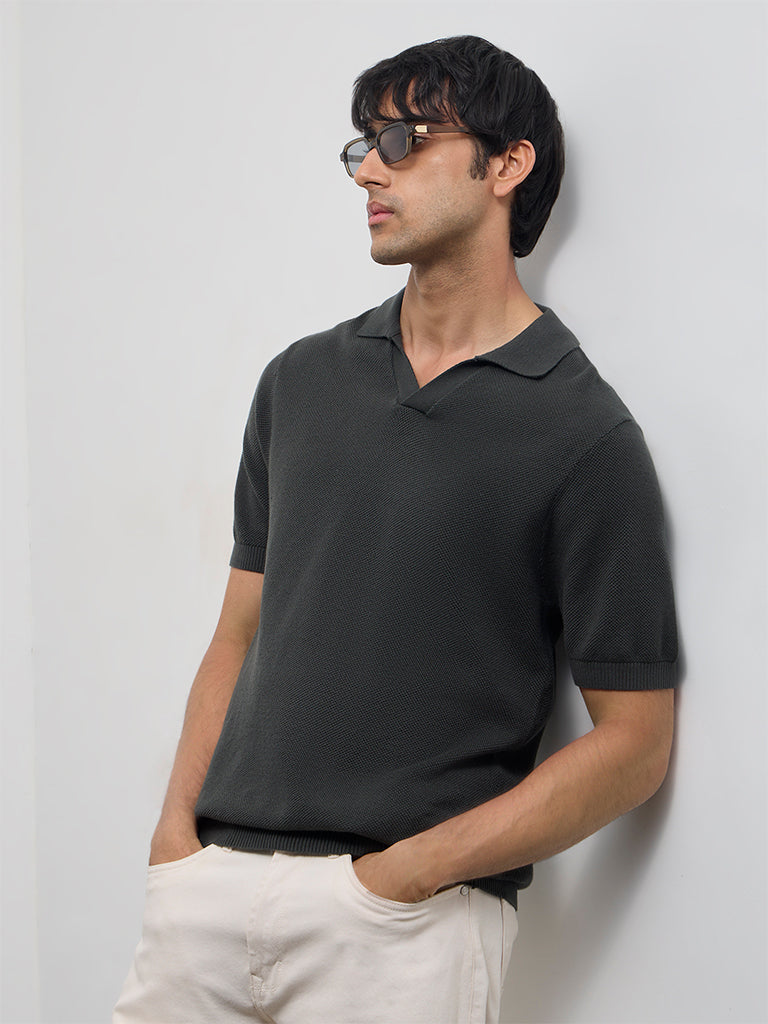 WES Casuals Olive Knit-Textured Relaxed-Fit Cotton T-Shirt