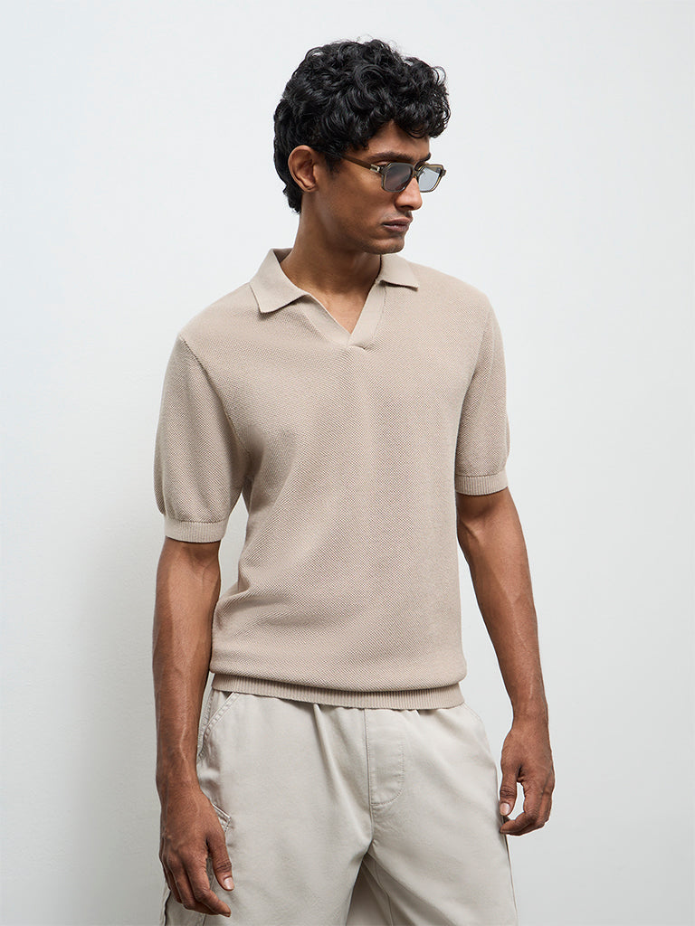 WES Casuals Off-White Knit Relaxed-Fit Cotton T-Shirt