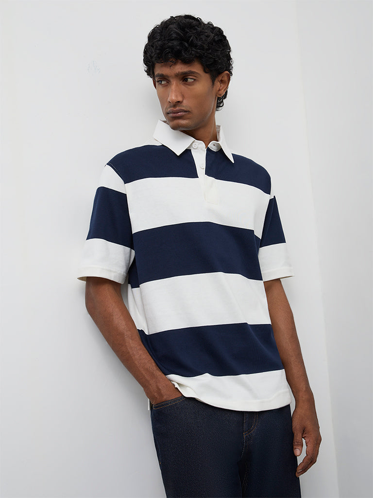 WES Casuals Navy Striped Relaxed-Fit Cotton Polo T-Shirt