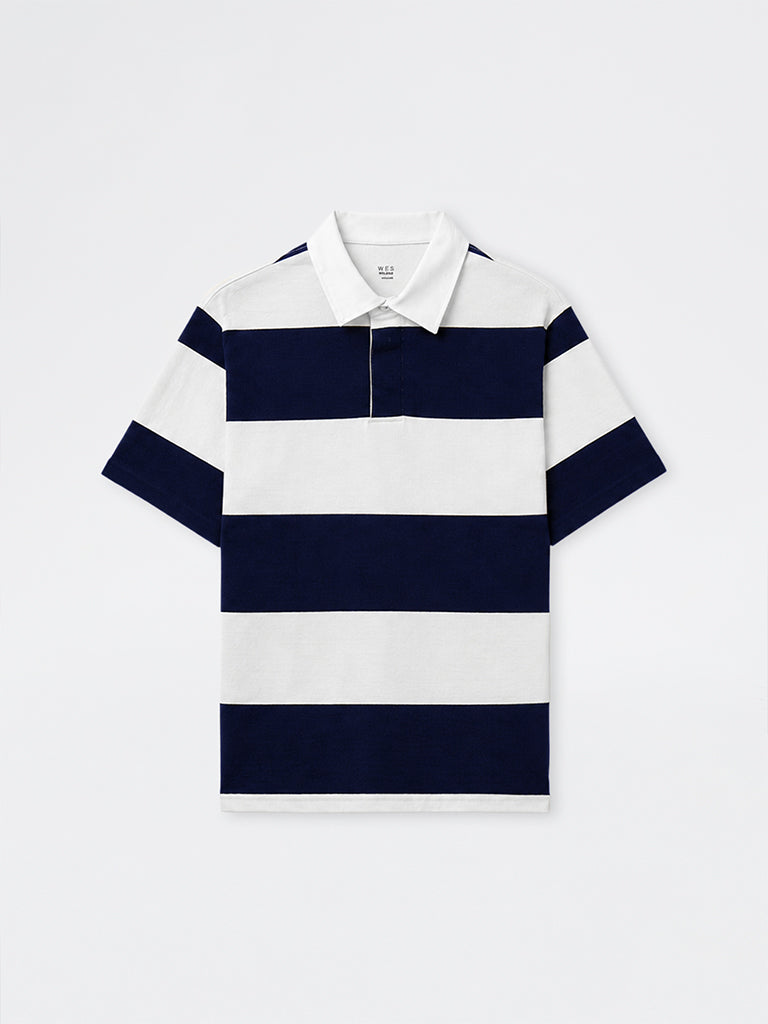 WES Casuals Navy Striped Relaxed-Fit Cotton Polo T-Shirt