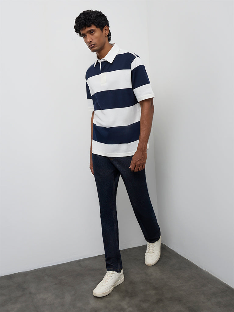 WES Casuals Navy Striped Relaxed-Fit Cotton Polo T-Shirt