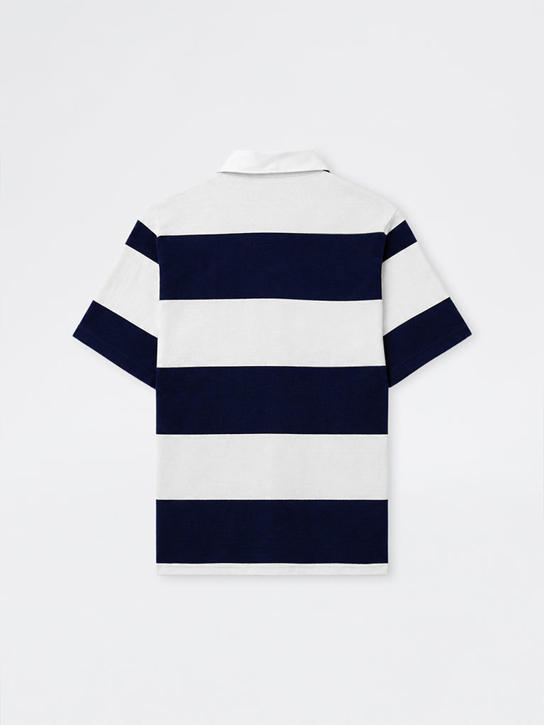 WES Casuals Navy Striped Relaxed-Fit Cotton Polo T-Shirt