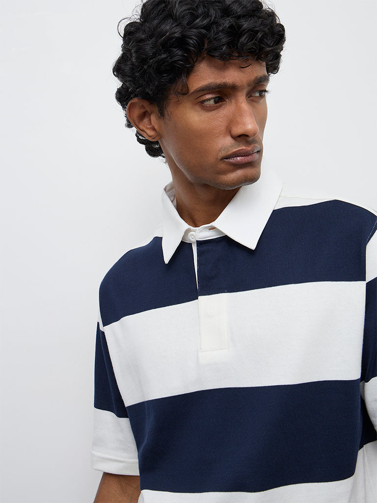 WES Casuals Navy Striped Relaxed-Fit Cotton Polo T-Shirt