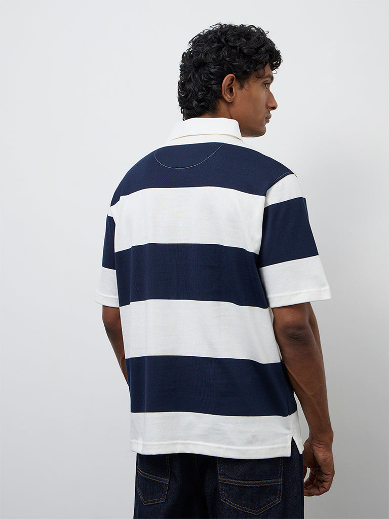 WES Casuals Navy Striped Relaxed-Fit Cotton Polo T-Shirt