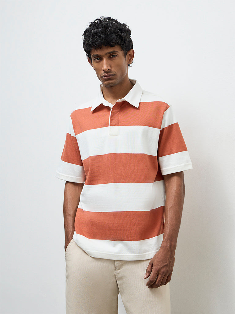 WES Casuals Rust Striped Relaxed-Fit Cotton Polo T-Shirt