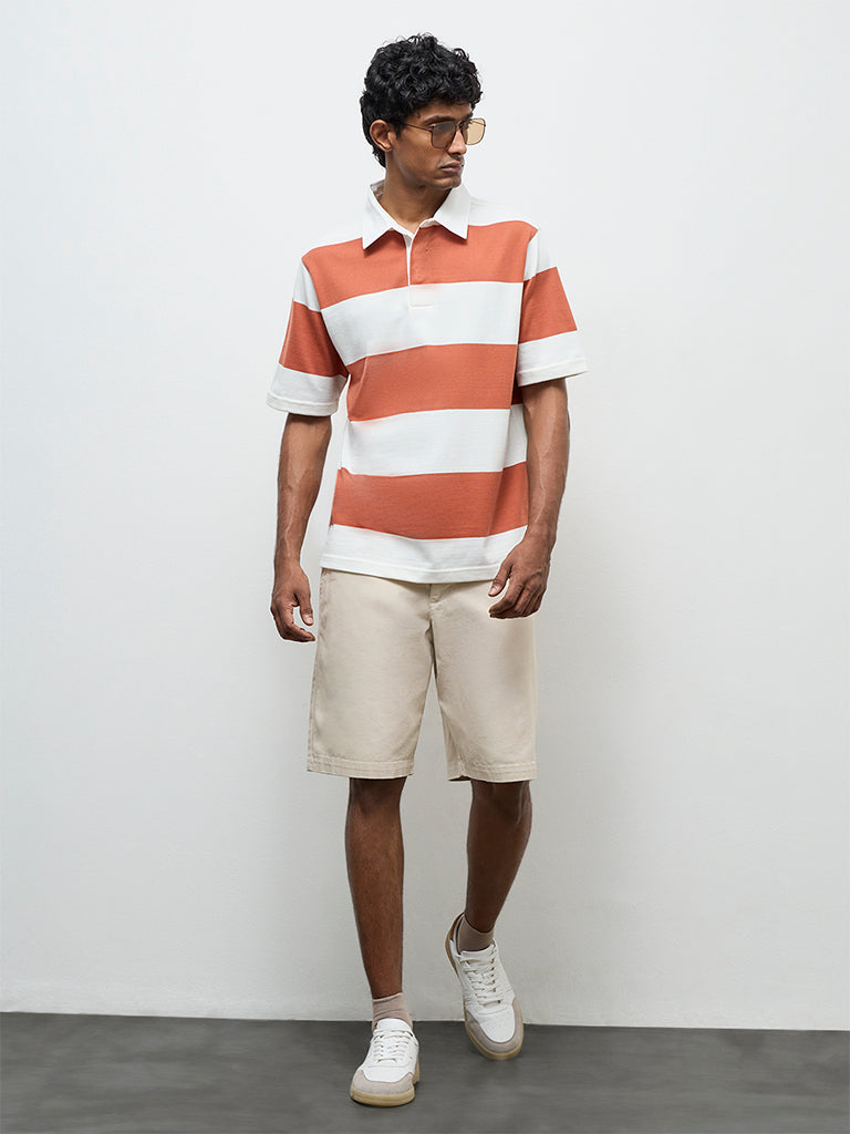 WES Casuals Rust Striped Relaxed-Fit Cotton Polo T-Shirt