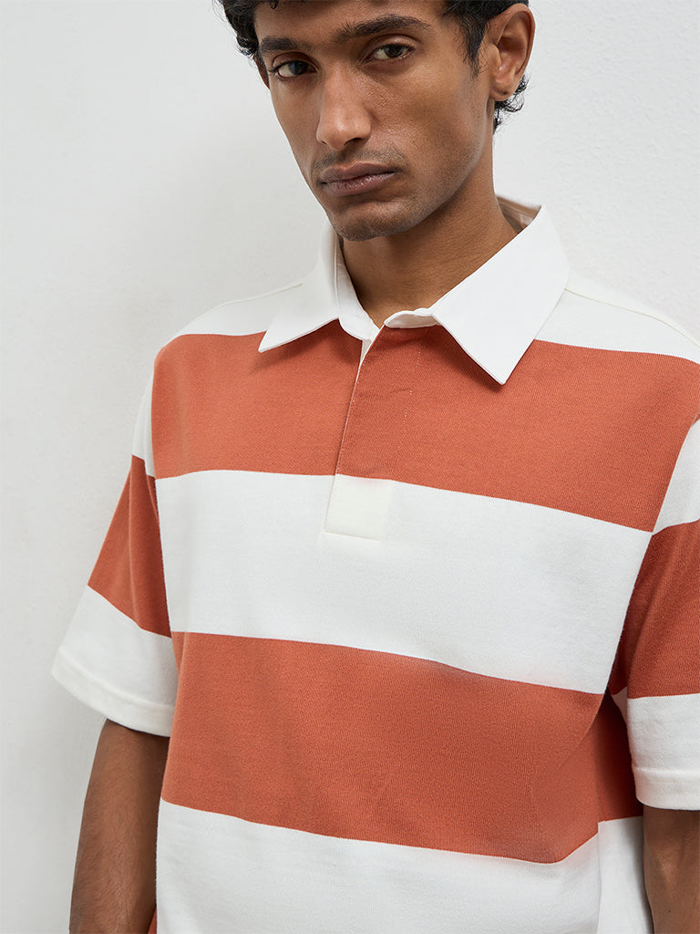 WES Casuals Rust Striped Relaxed-Fit Cotton Polo T-Shirt
