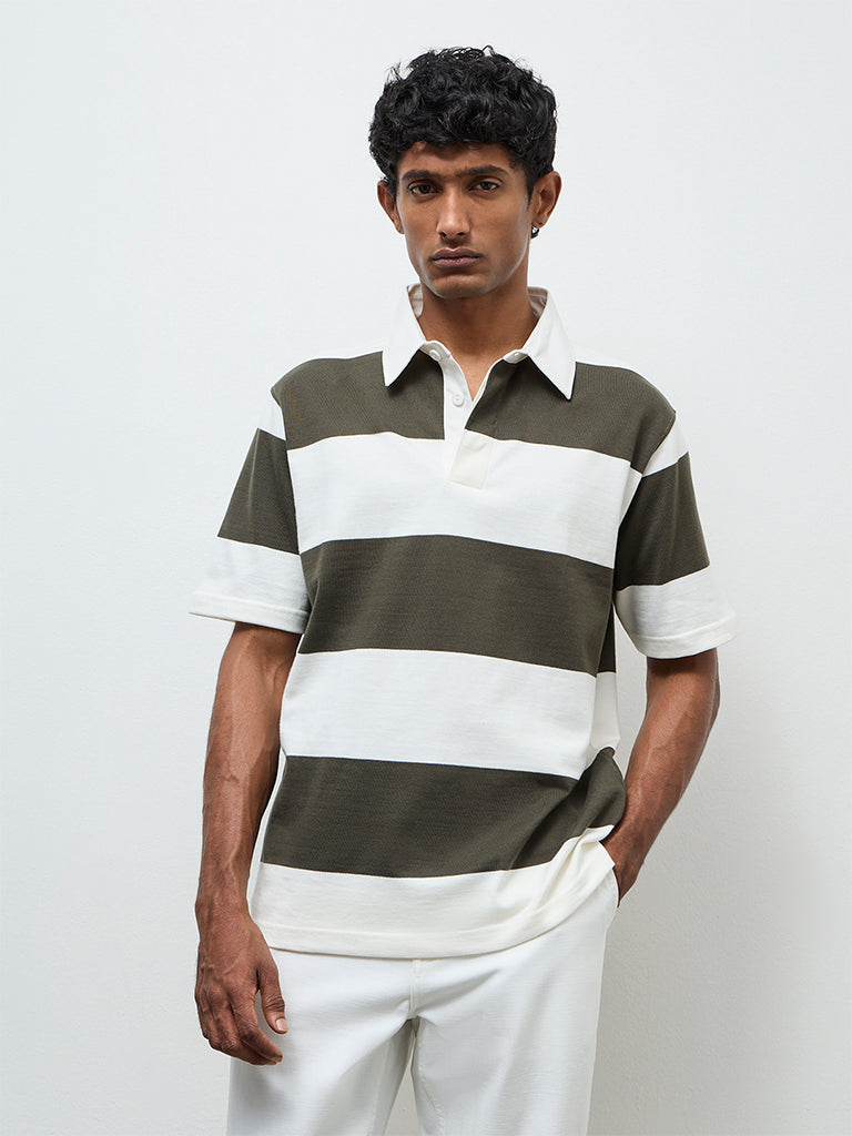 WES Casuals Sage Striped Relaxed Fit Cotton Polo T-Shirt