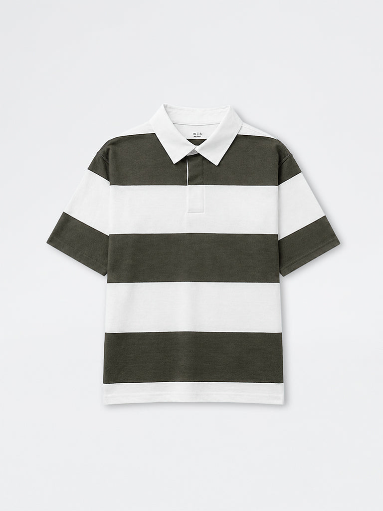 WES Casuals Sage Striped Relaxed Fit Cotton Polo T-Shirt