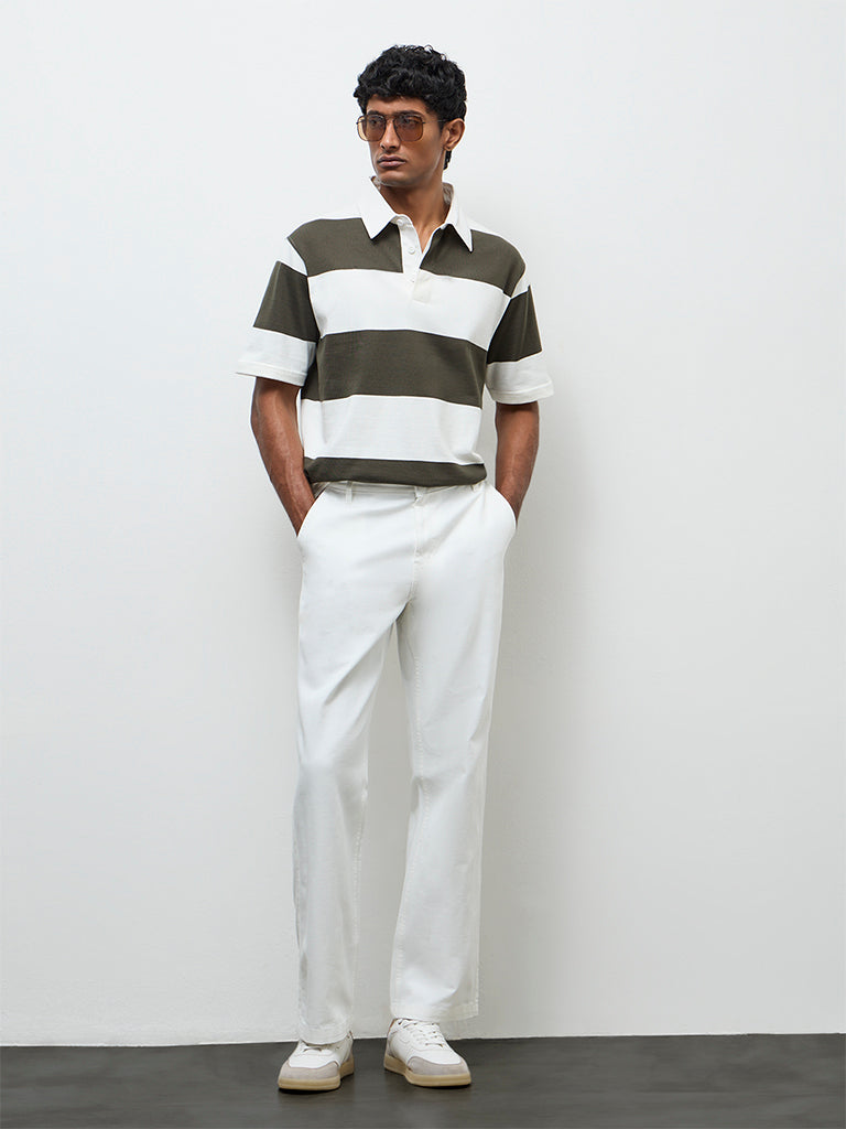 WES Casuals Sage Striped Relaxed Fit Cotton Polo T-Shirt