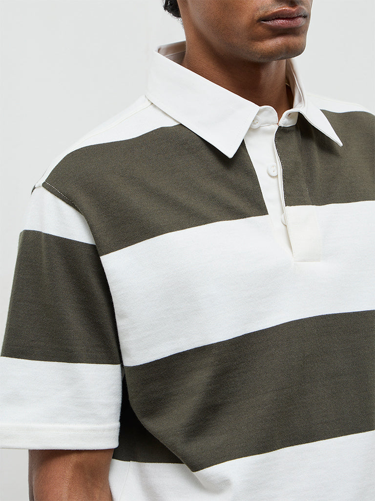 WES Casuals Sage Striped Relaxed Fit Cotton Polo T-Shirt